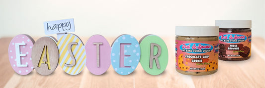 Easter cookie dough display with colorful Easter sign and 3rd & Spoon chocolate chip and fudge brownie jars