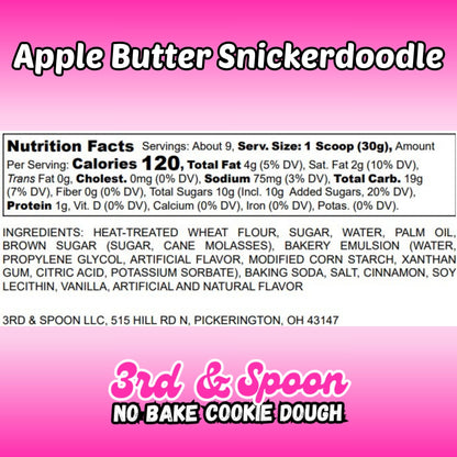 Nutrition facts and ingredients label for 3rd & Spoon apple butter snickerdoodle edible cookie dough