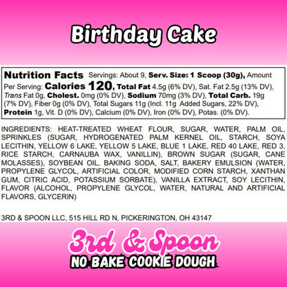 Nutrition facts and ingredients label for 3rd & Spoon birthday cake edible cookie dough