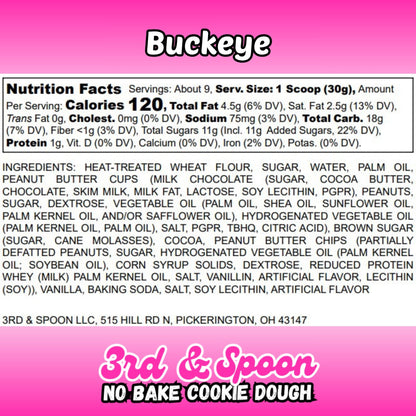 Nutrition facts and ingredients label for 3rd & Spoon buckeye edible cookie dough