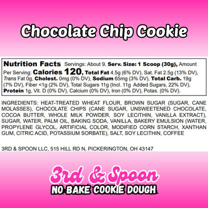 Nutrition facts and ingredients label for 3rd & Spoon chocolate chip edible cookie dough