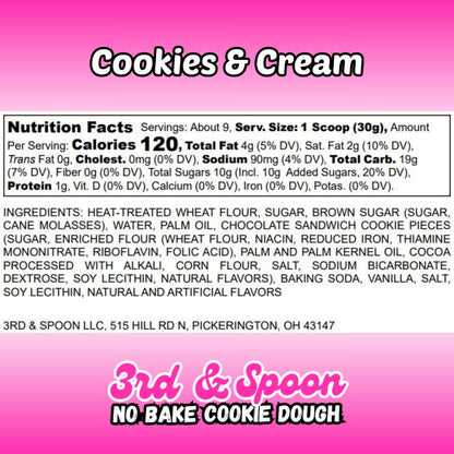 Nutrition facts and ingredients label for 3rd & Spoon cookies & cream edible cookie dough
