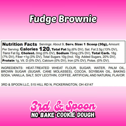 Nutrition facts and ingredients label for 3rd & Spoon fudge brownie edible cookie dough