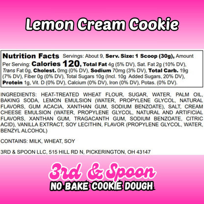 Nutrition facts and ingredients label for 3rd & Spoon lemon cream edible cookie dough