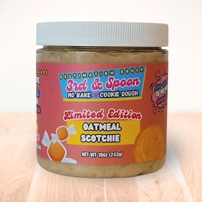 10 oz jar of 3rd & Spoon oatmeal scotchie edible cookie dough on a light wooden counter