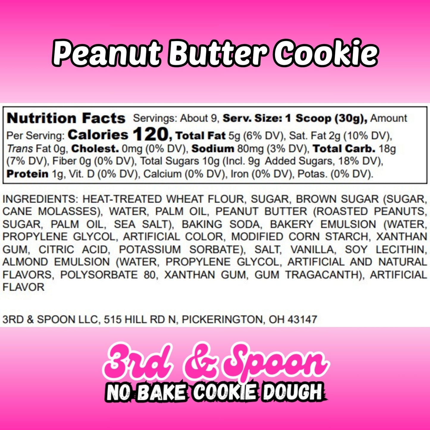 Nutrition facts and ingredients label for 3rd & Spoon peanut butter edible cookie dough