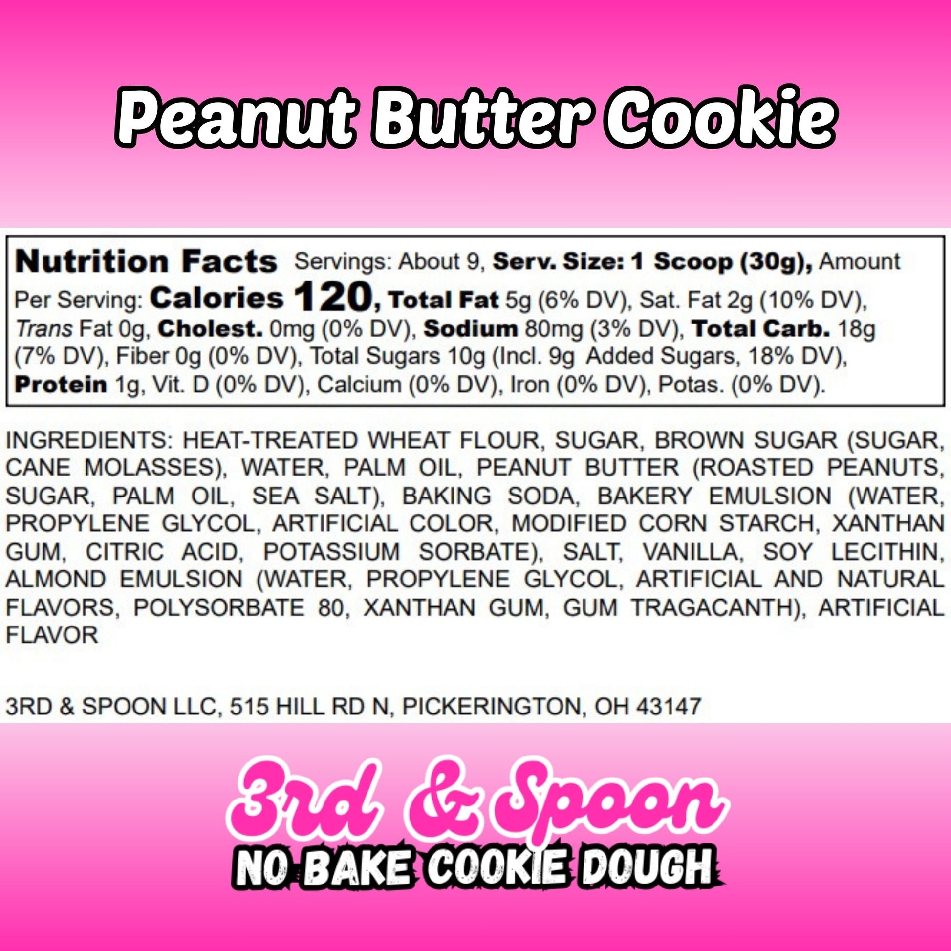 Nutrition facts and ingredients label for 3rd & Spoon peanut butter edible cookie dough