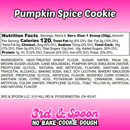 Nutrition facts and ingredients label for 3rd & Spoon pumpkin spice cookie edible cookie dough