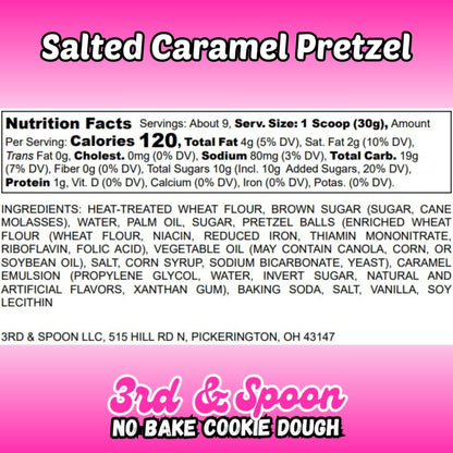 Nutrition facts and ingredients label for 3rd & Spoon salted caramel pretzel edible cookie dough