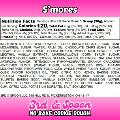 Nutrition facts and ingredients label for 3rd & Spoon s'mores edible cookie dough