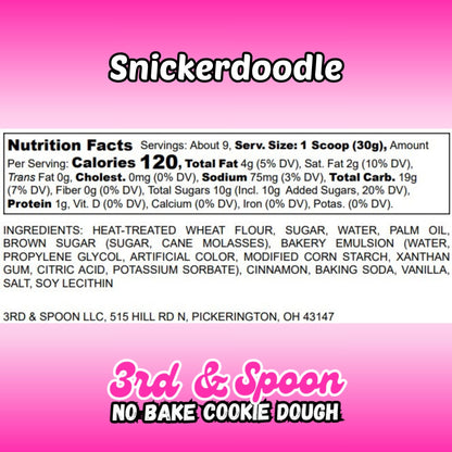 Nutrition facts and ingredients label for 3rd & Spoon snickerdoodle edible cookie dough