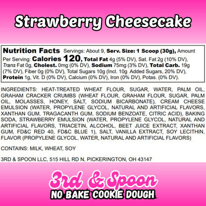 Nutrition facts and ingredients label for 3rd & Spoon strawberry cheesecake edible cookie dough
